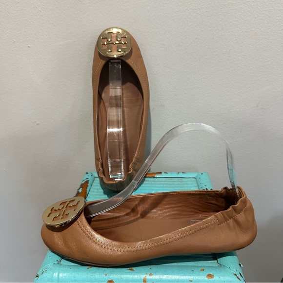 Tory Burch Minnie Travel Ballet Flat Royal Tan Gold Size 6.5